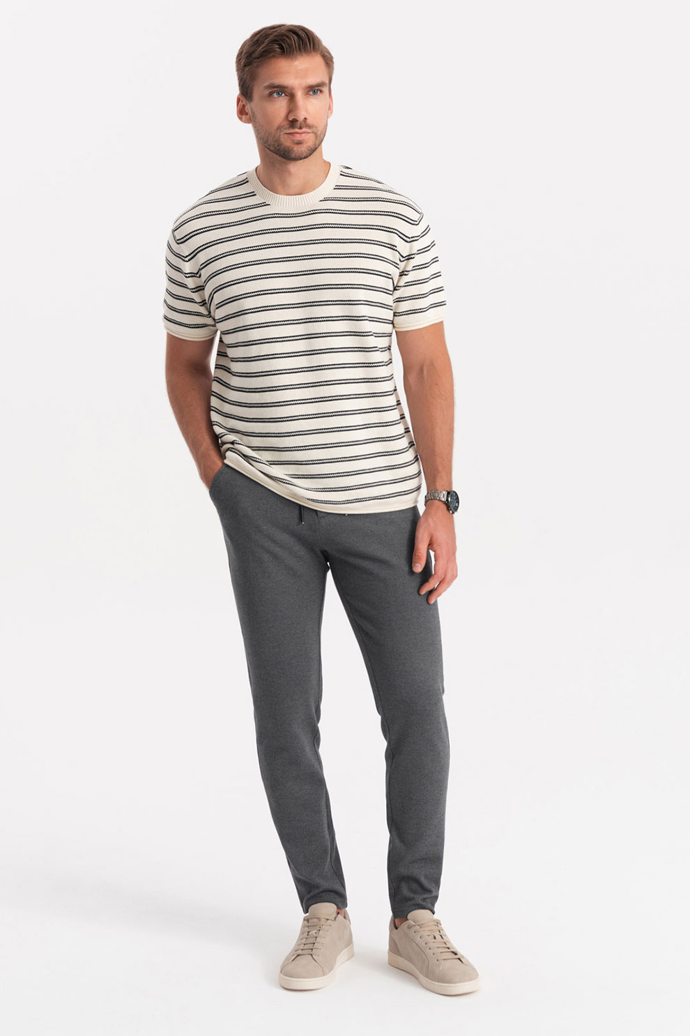 OMBRE, Pantaloni texturati cu snur, Gri inchis melange, S