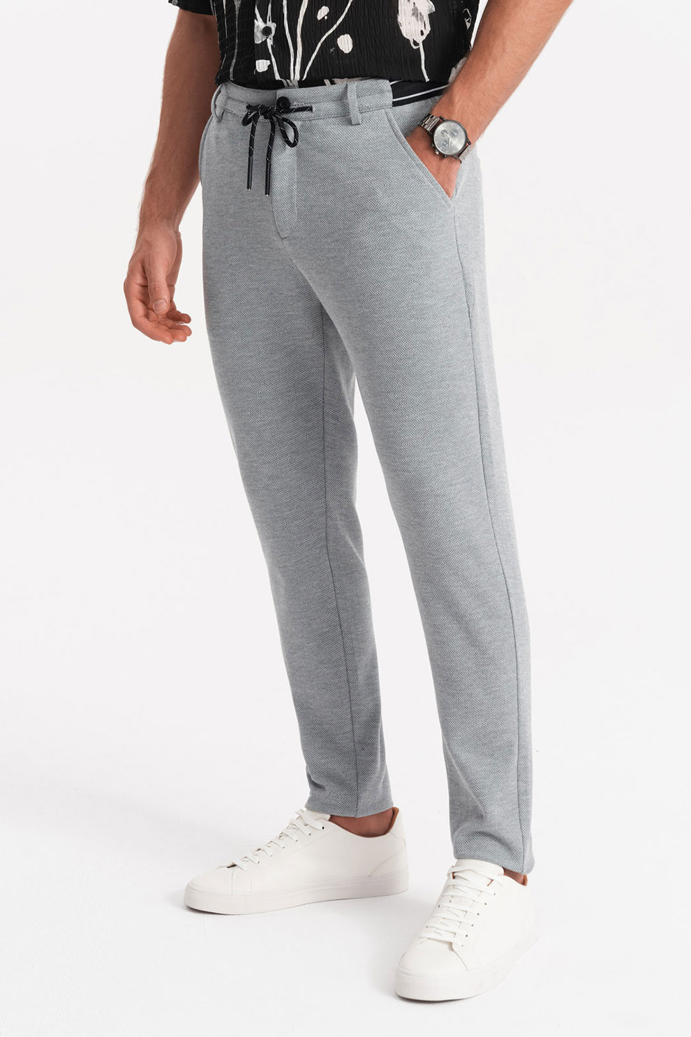 OMBRE, Pantaloni texturati cu snur, Gri deschis melange, XL