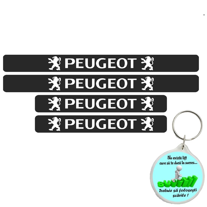 Set 4 protectii praguri auto autoadezive Peugeot, Alb si breloc Drumul spre Succes