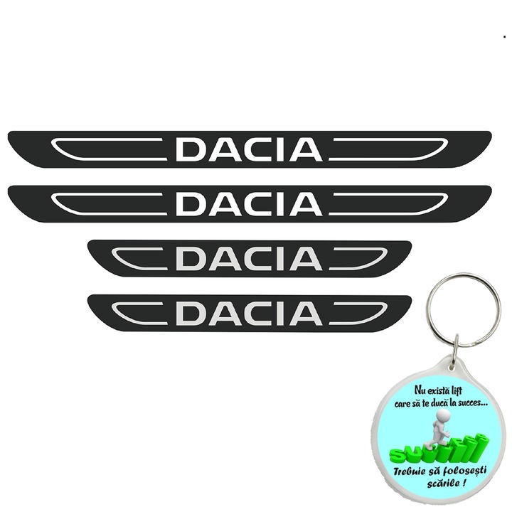 Set 4 protectii praguri auto autoadezive Dacia, Alb si breloc Drumul spre Succes