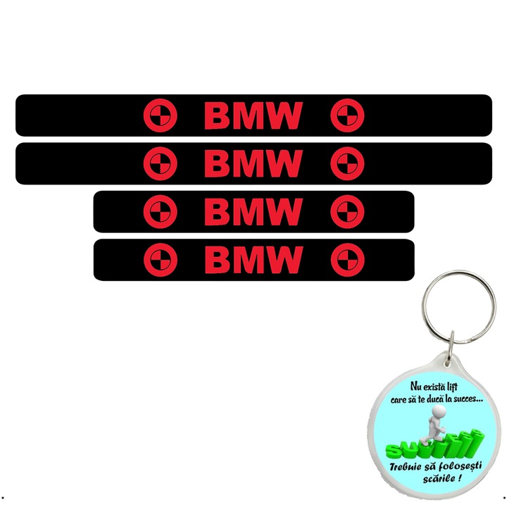 Set 4 protectii praguri auto, autoadezive BMW, Rosu si breloc Drumul spre Succes