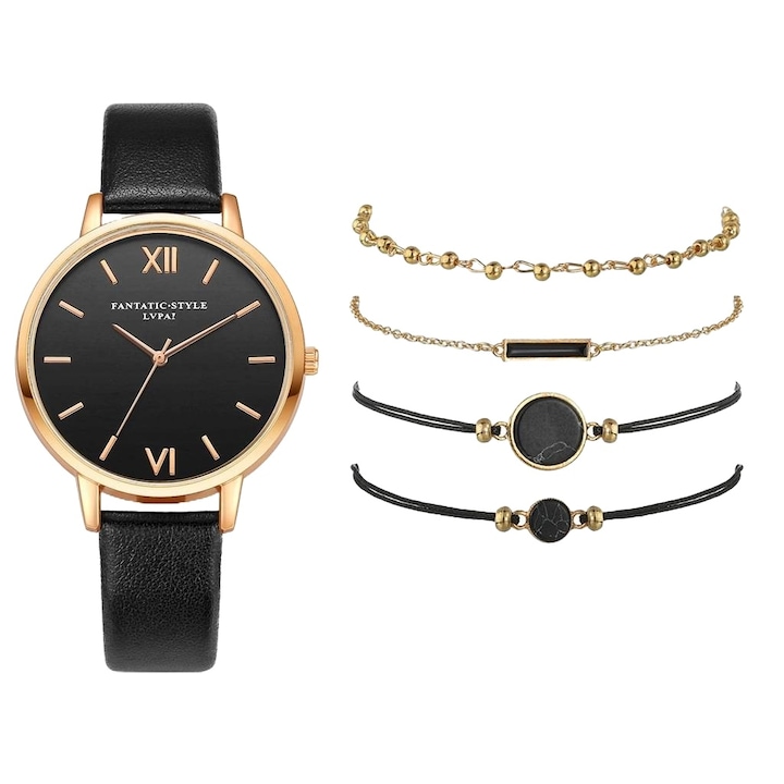 Комплект дамски часовник с 4 елегантни гривни, Rinnady, черен