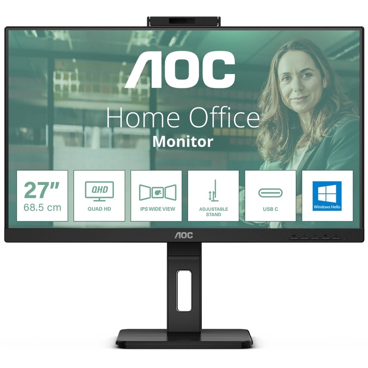 Монитор AOC Q27P3CW, 27" IPS WLED, 2560x1440@75Hz, 4ms GtG, 350cd/m2, 1000:1, DCR 20M:1, AdaptiveSync, FlickerFree, Low Blue Light, 5Wx2, Tilt, Height Adjust, Pivot, Swivel, 2xHDMI, DP, USB hub - Q27P3CW