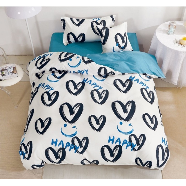 Спално бельо, двустранно, чаршаф с ластик, фин, 1 човек, 4 части, 140x200 см, нарисувани сърца, многоцветен
