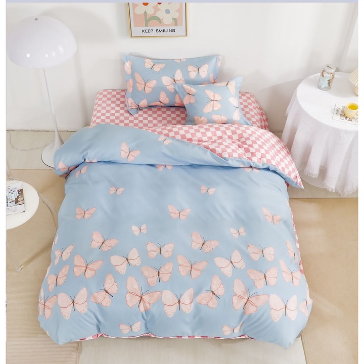 Ágyneműgarnitúra, 4 db, Finet, Elasztikus lepedő 140x200 cm, Paplanhuzat 155x200 cm, 2 db 55x75 cm és 50x50 cm párnahuzat, Egyszemélyes ágy, Pillangók, Világos rózsaszín/fehér, Friss Otthon105