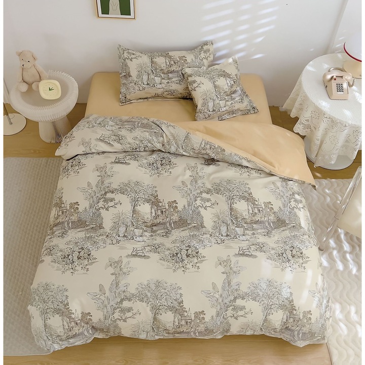 Комплект спално бельо, 4 части, Finet, Чаршаф с ластик 140x200 см, Плик за завивка 155x200 см, 2 калъфки за възглавници 55x75 см и 50x50 см, Единично легло, Кремаво/Бежово, Fresh Home106