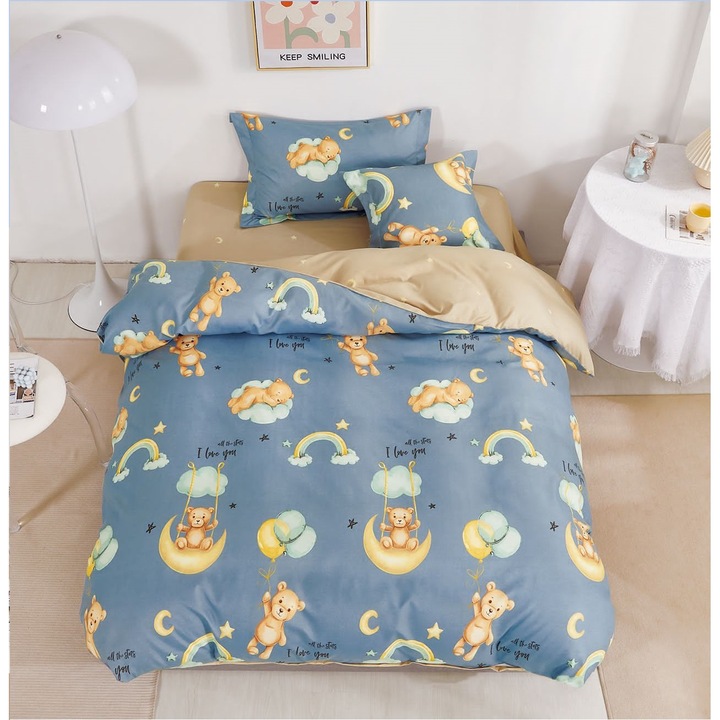 Комплект спално бельо, 4 части, Единично легло, Finet, Чаршаф с ластик 140x200 см, Плик за завивка 155x200 см, 2 калъфки за възглавници 55x75 см и 50x50 см, Синьо/Светло кафяво, Fresh Home119