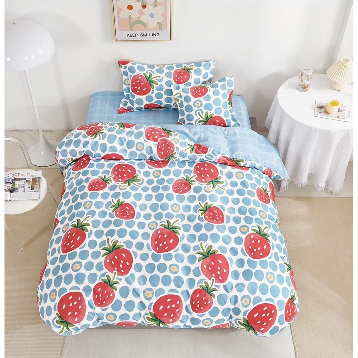 Ágyneműgarnitúra, 4 db, Egyszemélyes ágy, Finet, Lepedő gumival 140x200 cm, Paplanhuzat 155x200 cm, 2 db 55x75 cm és 50x50 cm párnahuzat, Kék, Epermintás, Friss Otthon120