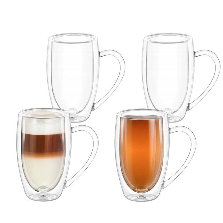Комплект 4 двустенни чаши Wilmax England, Термоустойчиво стъкло, Прозрачен, 250 мл