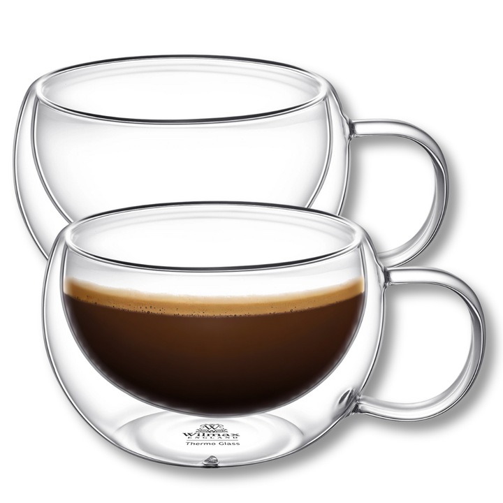 Set Cani termo sticla transparente, perete dublu, 250 ml, 2 piese, cesti pentru cafea, ceai, cappuccino, Thermoglass, Wilmax England