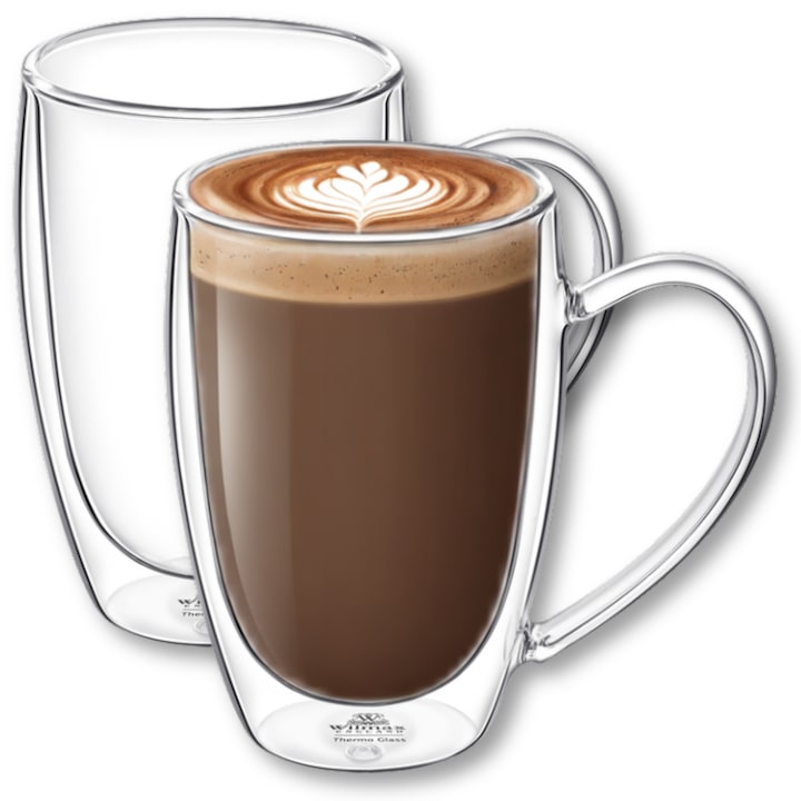 Set Cani termo sticla transparente, perete dublu, 400 ml, 2 piese, cesti pentru cafea, ceai, cappuccino, Thermoglass, Wilmax England