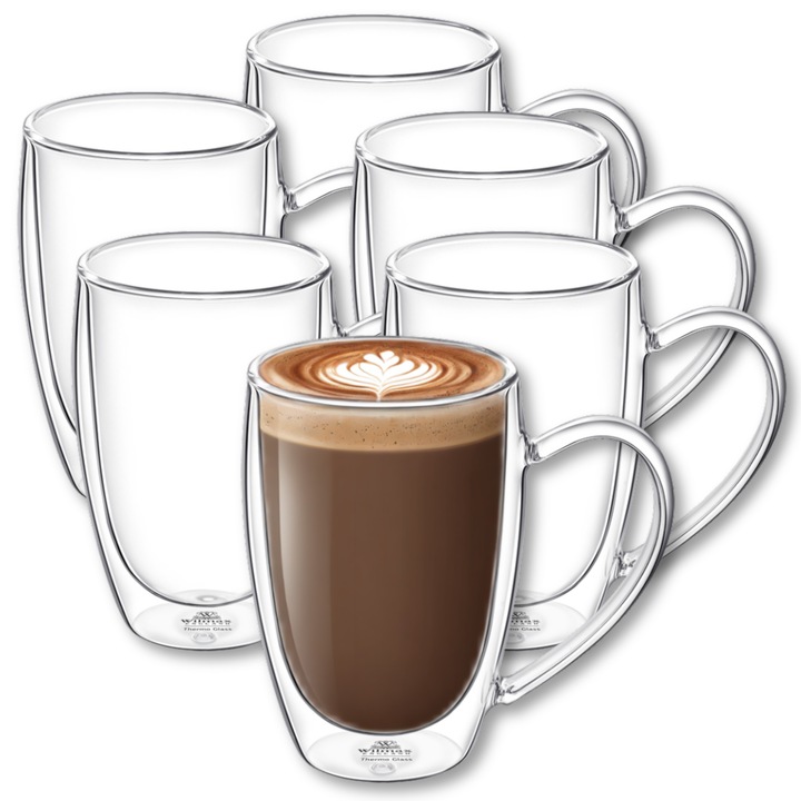 Set Cani termo sticla transparente, perete dublu, 300 ml, 6 piese, cesti pentru cafea, ceai, cappuccino, Thermoglass, Wilmax England