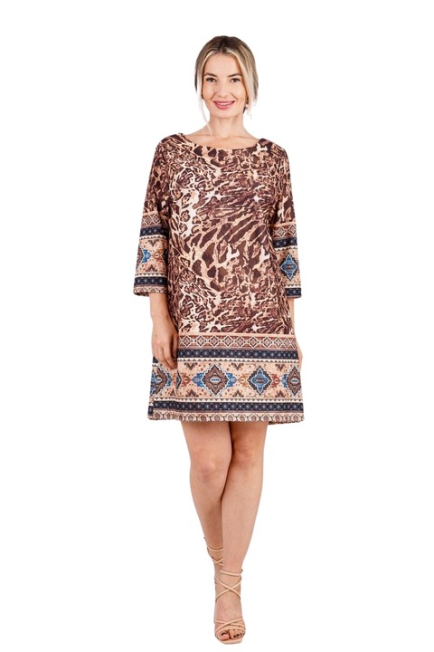 Rochie crem cu imprimeuri maro si maneci trei sferturi, Crem