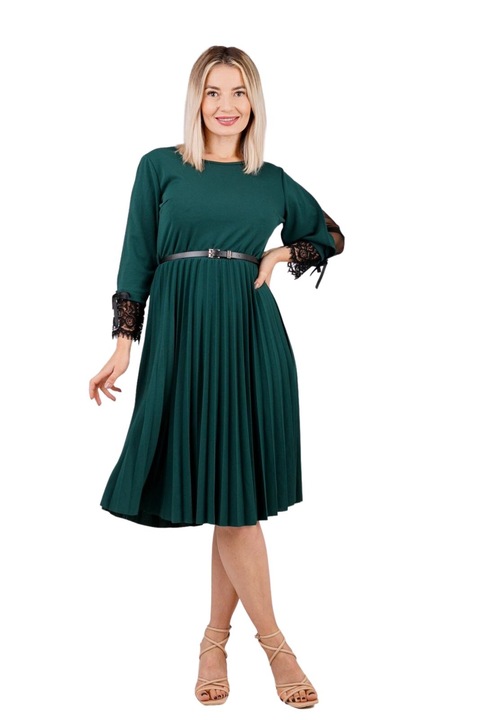 Зелена плисирана рокля с дантела и колан на талията, Зелен, One Size