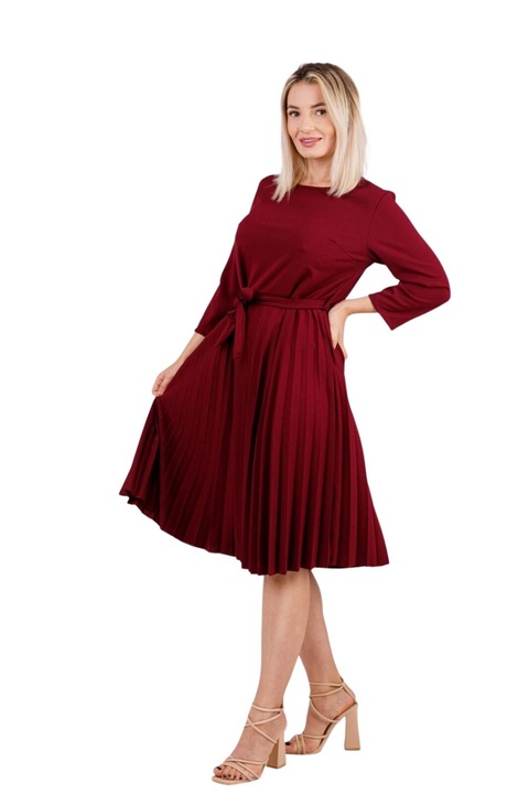 Плисирана рокля в бордо с три четвърти ръкав и шнур на талията, Бордо, One Size