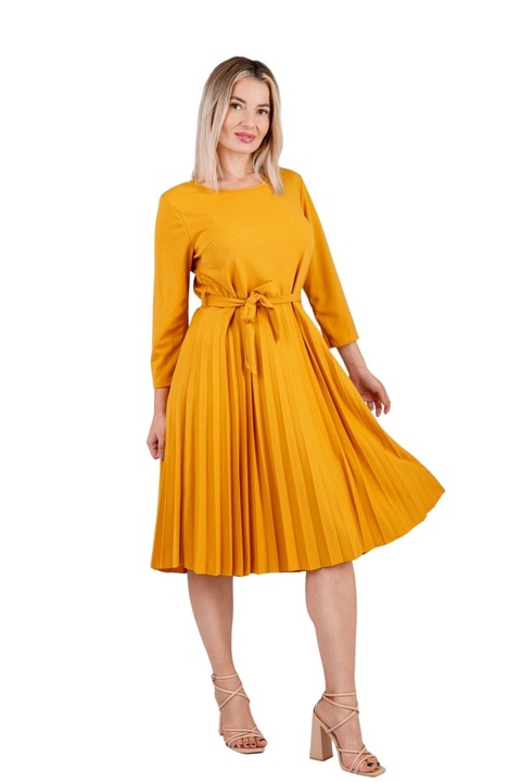 Жълта плисирана рокля с три четвърти ръкав и шнур на талията, Жълт, One Size