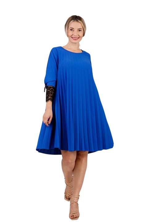 Кралско синя плисирана рокля с дантелена вложка, Син, One Size