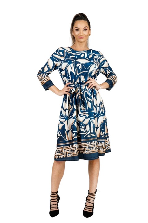 Синя рокля с кремави щампи и три четвърти ръкави, Син, One Size