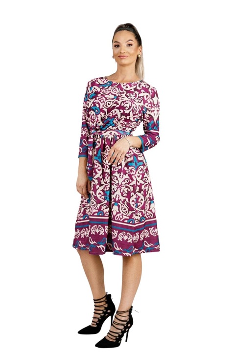 Rochie fuchsia cu imprimeuri crem si maneci trei sferturi, Roz, One Size