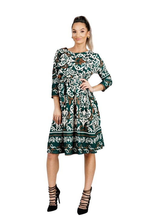 Изумруденозелена рокля с кремави щампи и три четвърти ръкави, Зелен, One Size
