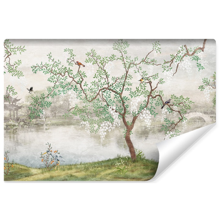 Fototapet copaci langa iaz, pasari colorate, apa, pajiste verde, pentru o camera de copii 400 cm x 280 cm in stil de basm