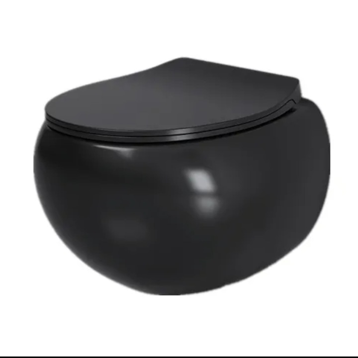 Vas wc, montaj suspendat, Rimless, Negru Mat, Power colour, 47x45 cm, ceramica santiara, capac duroplast cu Soft Close, Roli