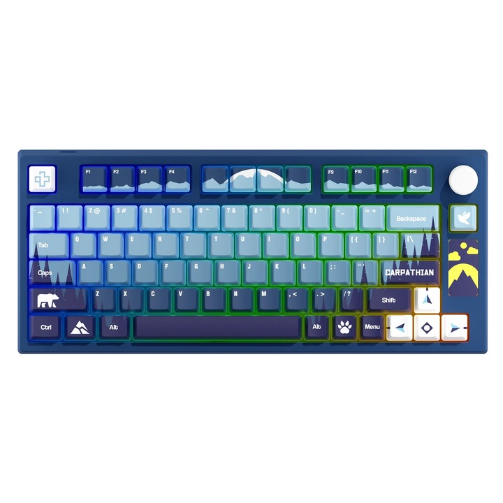 Tastatura mecanica gaming QwertyKey Carpathian, Bluetooth, Wireless, Hotswap, RGB, switch-uri prelubrifiate liniare Gateron, Gasket Mounted