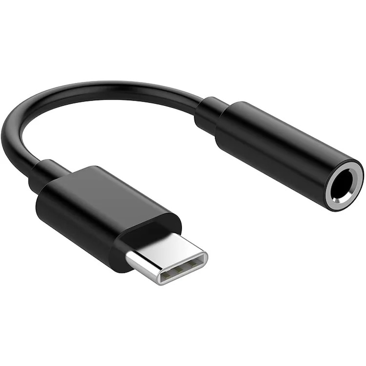 Cablu OZ Adaptor Audio USB Type-C la Aux Jack 3.5mm, compatibilitate universala, 11 cm, Negru