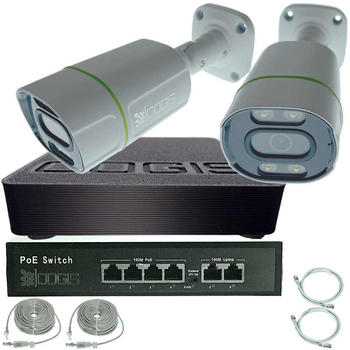 Kit Supraveghere IP PoE cu 2 Camere 4MP (2K) Infrarosu si Color Noaptea 30m Microfon exterior, extensibil la 16, Complet, acces mobil, noapte/zi, OOGIS™ P4MF2ECD