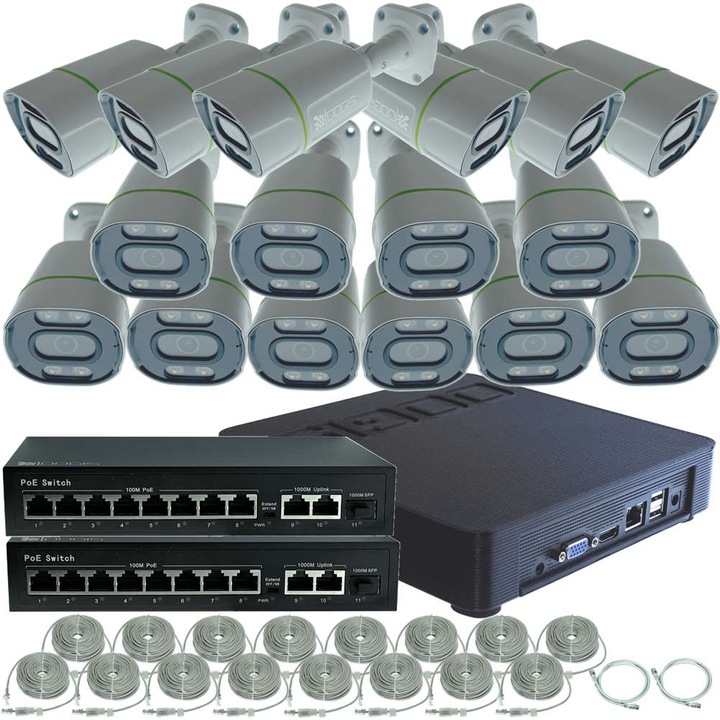 Kit Supraveghere IP PoE cu 16 Camere 4MP (2K) Infrarosu si Color Noaptea 30m Microfon exterior, Complet, acces mobil, noapte/zi, OOGIS™ P4MF16CD