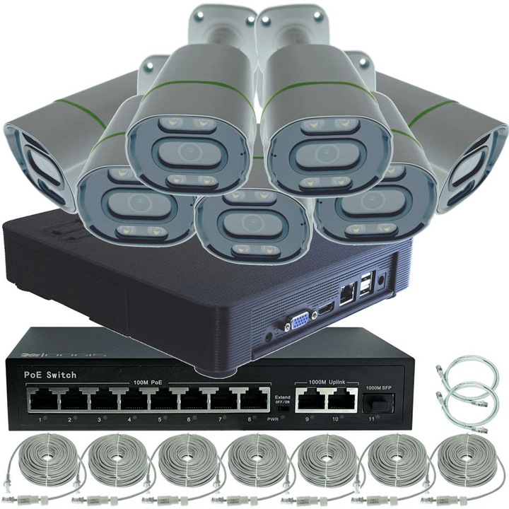 Kit Supraveghere IP PoE cu 7 Camere 4MP (2K) Infrarosu si Color Noaptea 30m Microfon exterior, extensibil la 16, Complet, acces mobil, noapte/zi, OOGIS™ P4MF7ECD