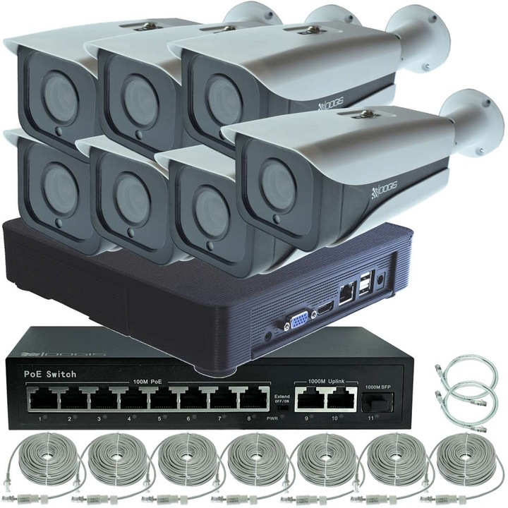 Kit Supraveghere IP PoE cu 7 Camere 8MP (4K) IR 50m, exterior, inregistrare 8MP, extensibil la 16, Complet, acces mobil, noapte/zi, OOGIS™ P8MF7ERR