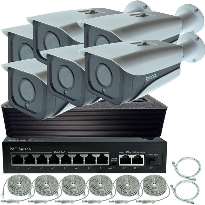 Kit Supraveghere IP PoE cu 6 Camere 4MP (2K) IR 50m, exterior, inregistrare 4MP, extensibil la 16, Complet, acces mobil, noapte/zi, OOGIS™ P4MF6ERR