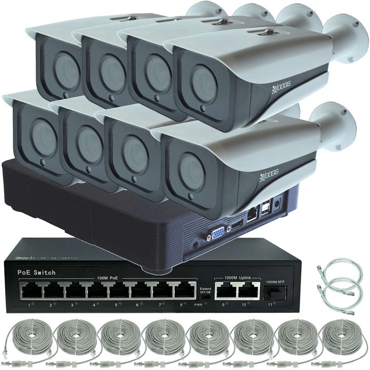 Kit Supraveghere IP PoE cu 8 Camere 8MP (4K) IR 50m, exterior, inregistrare 8MP, extensibil la 16, Complet, acces mobil, noapte/zi, OOGIS™ P8MF8ERR