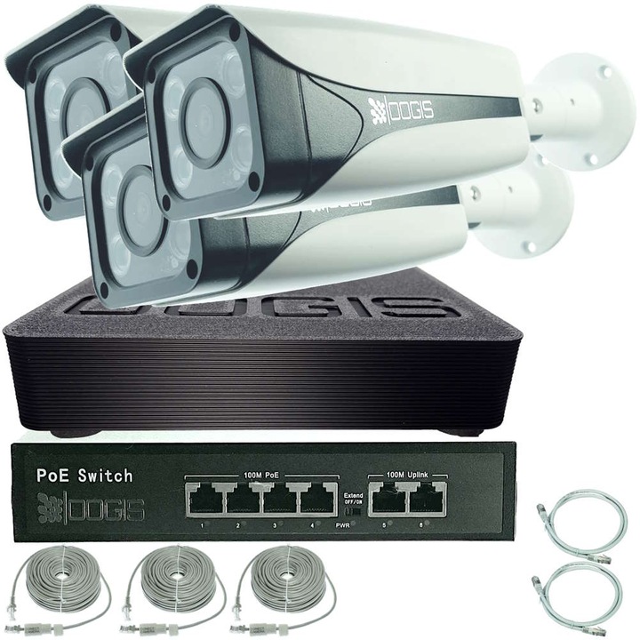 Kit Supraveghere IP PoE cu 3 Camere 4MP (2K) Color Noaptea 50m exterior, extensibil la 16, Complet, acces mobil, noapte/zi, OOGIS™ P4MF3ERC