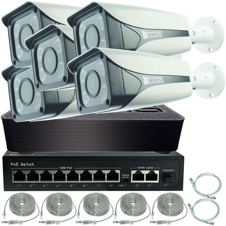 Kit Supraveghere IP PoE cu 5 Camere 8MP (4K) Color Noaptea 50m exterior, extensibil la 10, Complet, acces mobil, noapte/zi, OOGIS™ P8MF5ERC