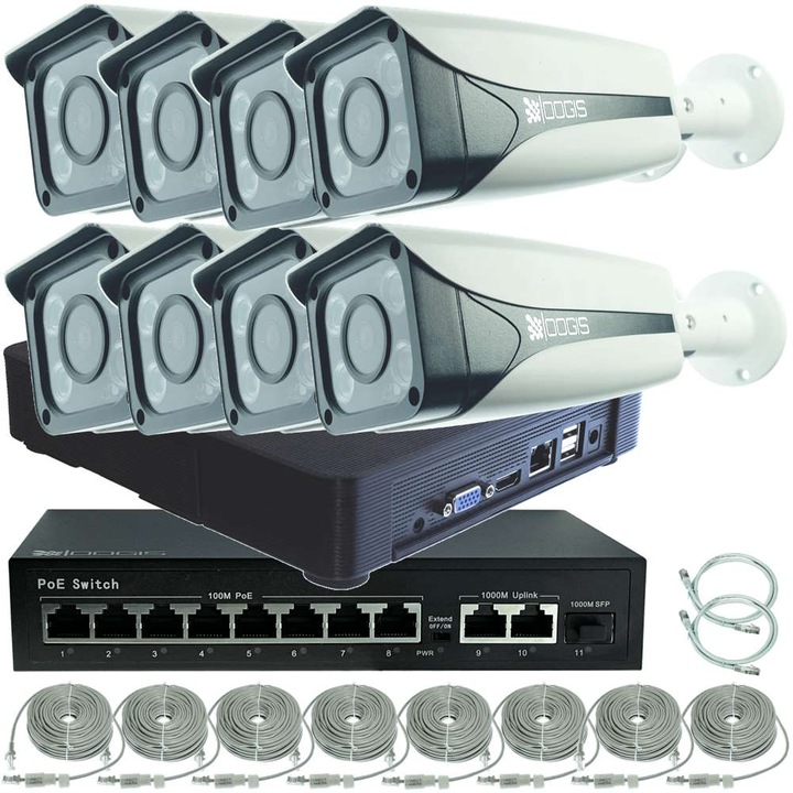 Kit Supraveghere IP PoE cu 8 Camere 8MP (4K) Color Noaptea 50m exterior, extensibil la 10, Complet, acces mobil, noapte/zi, OOGIS™ P8MF8ERC