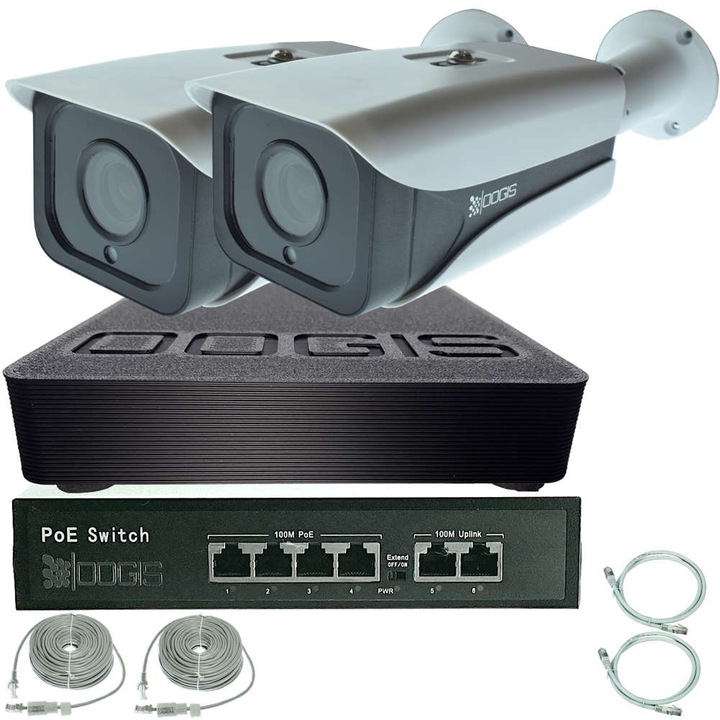Kit Supraveghere IP PoE cu 2 Camere 8MP (4K) IR 50m, exterior, inregistrare 8MP, extensibil la 16, Complet, acces mobil, noapte/zi, OOGIS™ P8MF2ERR