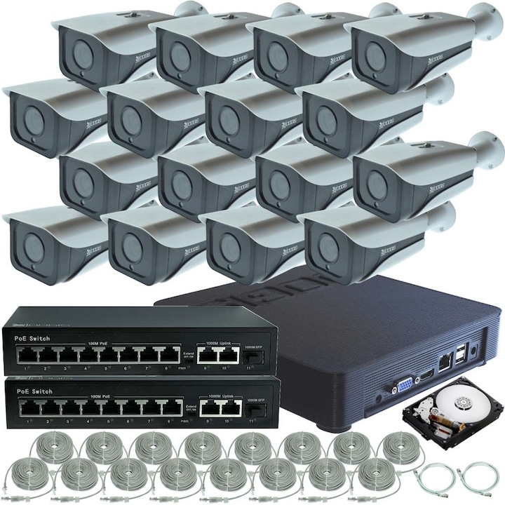 Kit Supraveghere OOGIS™ P8MF16RR-10 IP PoE cu 16 Camere 8MP (4K) IR 50m exterior, Complet + HDD1TB, acces mobil, noapte/zi