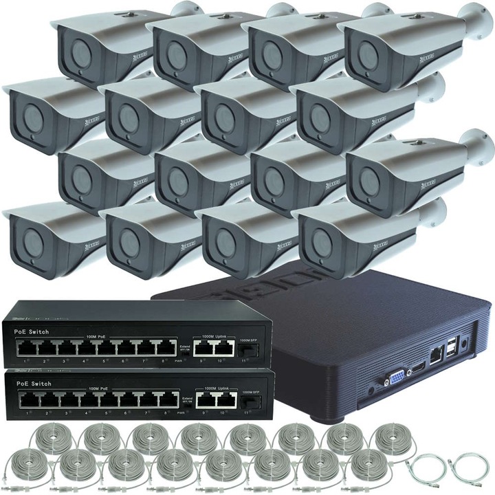 Kit Supraveghere IP PoE cu 16 Camere 4MP (2K) IR 50m, exterior, inregistrare 4MP, Complet, acces mobil, noapte/zi, OOGIS™ P4MF16RR