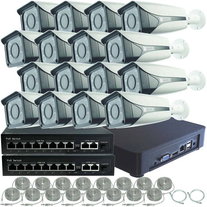 Kit Supraveghere IP PoE cu 16 Camere 8MP (4K) Color Noaptea 50m exterior, Complet, acces mobil, noapte/zi, OOGIS™ P8MF16RC