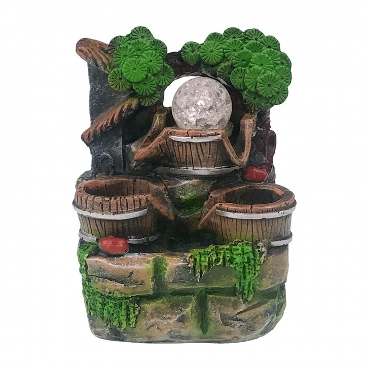 Фонтан от смола с кошница за топки, модел дърво, 14х9см, многоцветен