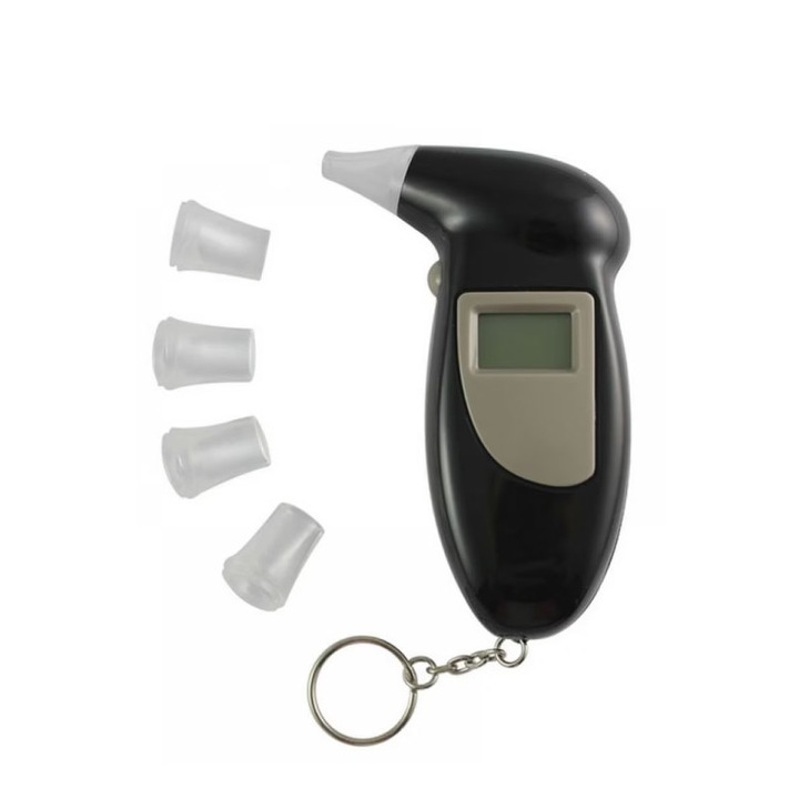 Mini alkoholmérő CleanBreath, hordozható, elemes, digitális LCD kijelzővel, 5 fúvófej, fekete, Doty®