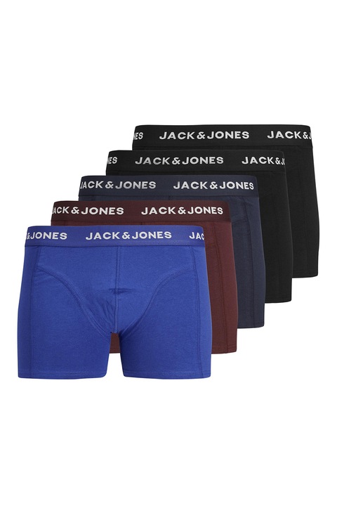 Jack & Jones, Set de boxeri cu banda logo in talie, 5 perechi, Visiniu/Negru/Albastru, M