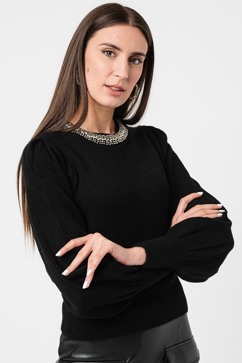 Only, Pulover cu decolteu rotund si margele, Negru/Argintiu, M