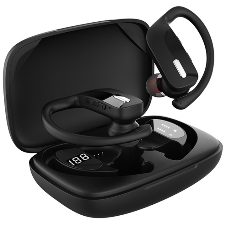Sundiguer vezeték nélküli vezeték nélküli fejhallgató, sport dizájn, Bluetooth 5.3, zajszűrő, LED kijelző, gombvezérlés, vízálló, univerzális, fekete