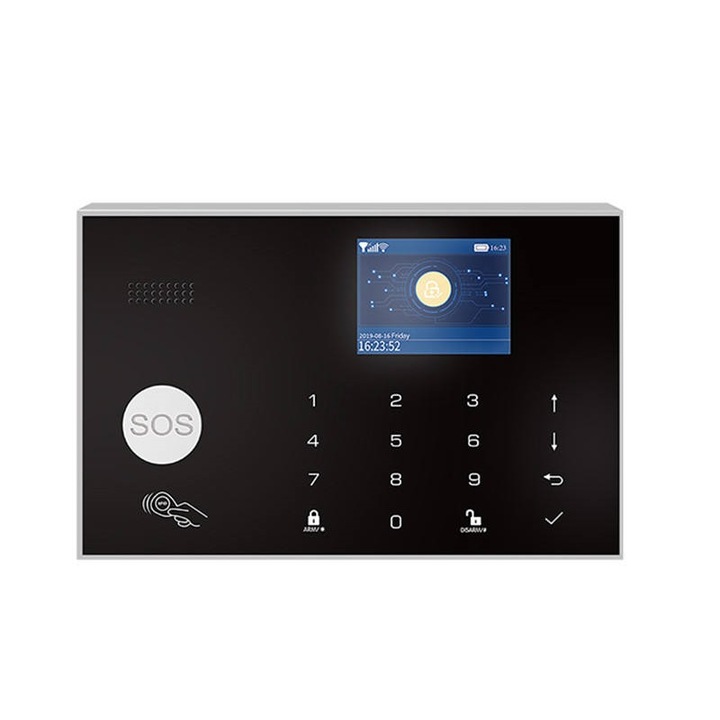 Sistem de Alarma Wireless, WIFI, GSMi, Touchscreen cu Indicatori de Temperatura si Umiditate, RFID, Aplicatie Mobila cu Notificari in 11 Limbi, Alb si Negru