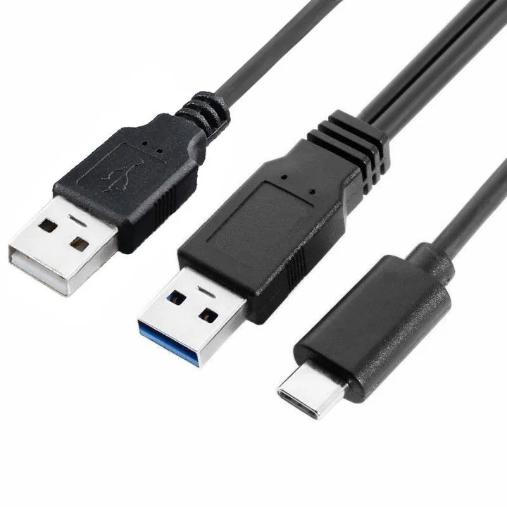 USB кабел двоен A (usb3 данни + usb2 захранване) към USB 3.1 Type-c мъжки, активен, за външен твърд диск, черен