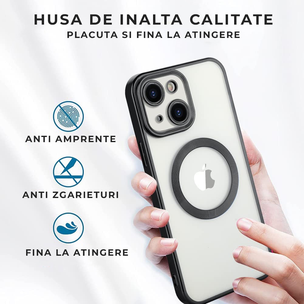 Husa Premium Luxury Magsafe compatibila cu iPhone 15, Antishock, Transparenta cu margini Negre