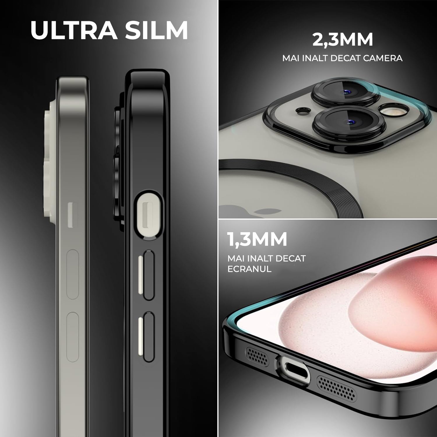 Husa Premium Luxury Magsafe compatibila cu iPhone 15, Antishock, Transparenta cu margini Negre